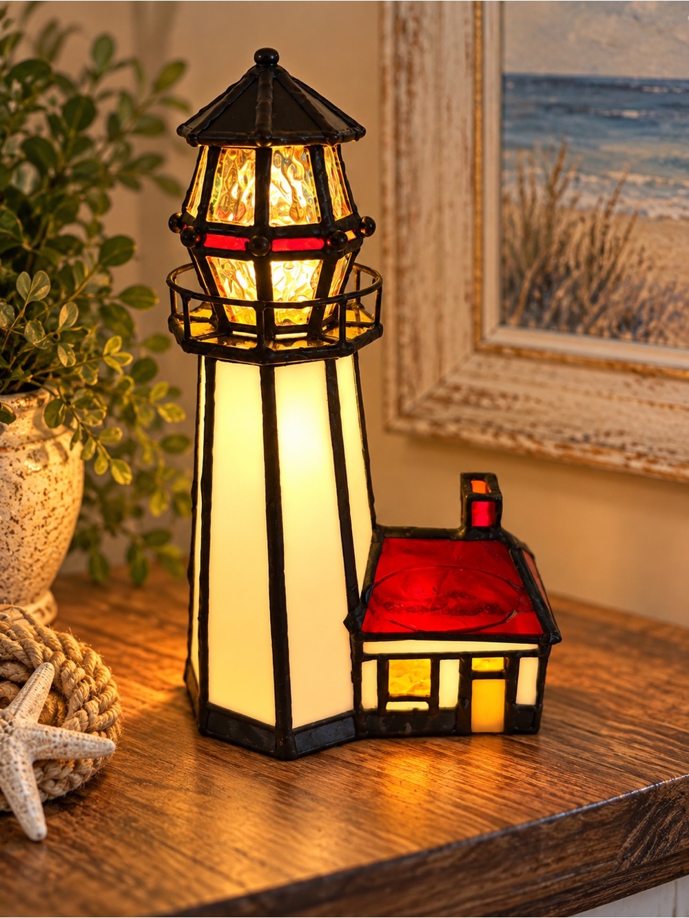 Stained Glass Lighthouse Accent Lamp in Red and Cream - Home Accents